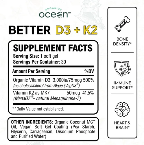 Vista 2 de Organics Ocean Better D3 + K2-100% Suplementos Orgánicos de VIT D3 y K2 con Máxima Biodisponibilidad – Apoya la Densidad Ósea, Equilibrio de Calcio
