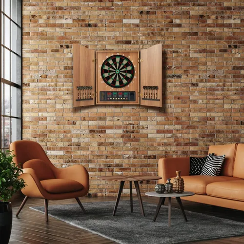 Vista 2 de Dart Board, Decorative Dart Board Cabinet Set [12*Soft Tip Darts], Electronic Dart Board - Wooden Cabinet Doors with Integrated Scoreboard for