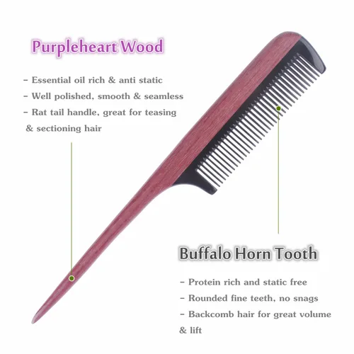 Vista 3 de Breezelike Peines para el cabello – Peine de cola de madera de dientes finos – Peine de madera de corazón morado sin estática con dientes de cuerno