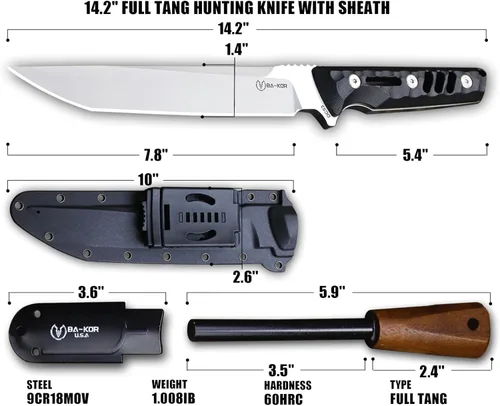 Vista 2 de BA-KOR Cuchillo de caza de espiga completa de 14.2 pulgadas (estilo japonés) - Cuchillo de supervivencia de acero DC53 de 0.315 in, mango y funda
