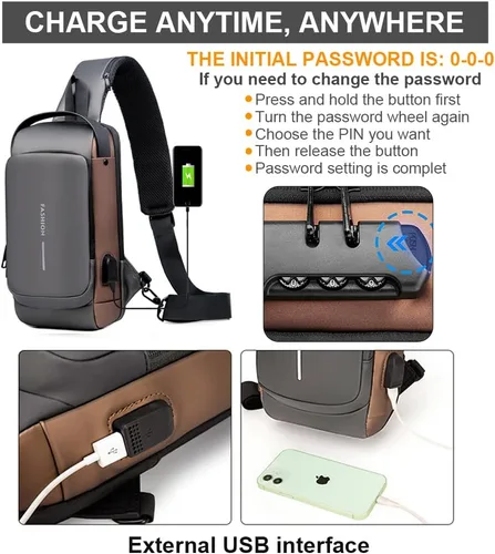 Vista 4 de Bolso bandolera antirrobo, bolsa de pecho impermeable con carga USB, Gris