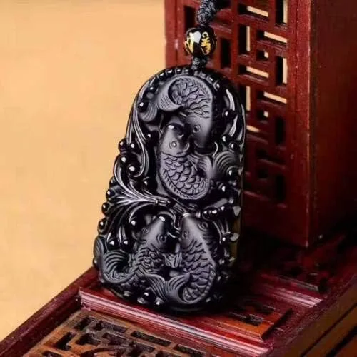 Vista 3 de Collar con colgante de amuleto de cristal de obsidiana con cadena de cuentas para wen o mujeres
