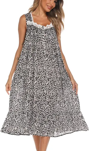 Vista 4 de AVIIER Camisones de algodón para mujer, sin mangas, vestido de casa largo con bolsillos, S-XXL