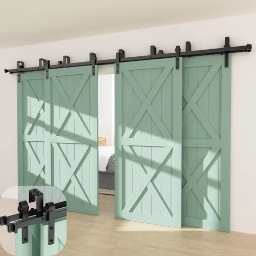 Vista 9 de ZEKOO Kit de hardware para puerta de granero corrediza de 8 pies, cuatro puertas, doble pista, desvío