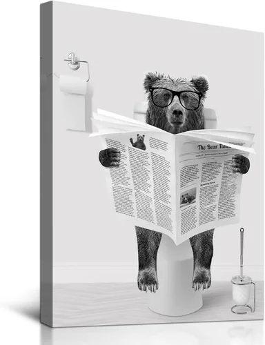 Vista 8 de Decoración de Arte de Pared en Blanco y Negro – Oso con Gafas Sentado en el Inodoro Leyendo Periódico, Impresiones en Lienzo, Imágenes de Animales