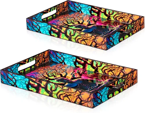 Vista 6 de Crocon Juego de 2 bandejas rectangulares decorativas con estampado esmaltado de Buda, color negro