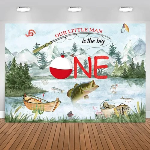 Vista 2 de Fondo de fotografía de Our Little Man is The Big One Wild Gone Fishing Background Boy First One Birthday Party Decor Baby Shower Fisherman Party