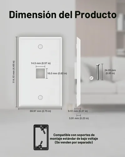 Vista 6 de VCE Placa de pared Keystone de 1 puerto (certificación UL), color blanco