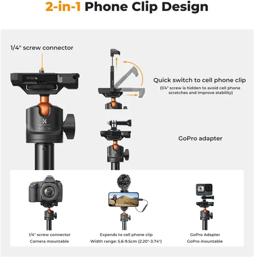 Vista 3 de K&F CONCEPT Palo de Selfie Trípode para Teléfono de 62 pulgadas, 2 en 1, ligero y extensible, soporte de trípode para teléfono celular con control