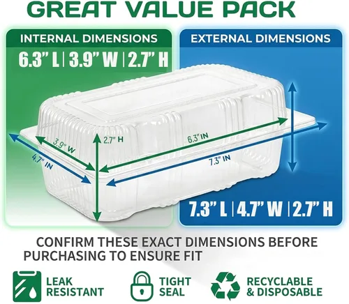 Vista 2 de Kaderron Contenedor de plástico desechable con bisagras – 70 recipientes de alimentos transparentes con forma de almeja, tamaño interno de 6.3