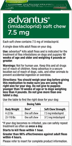 Vista 3 de Advantus Tratamiento oral antipulgas de acción rápida para perros, masticables suaves para perros de 4 - 22 lbs. 7 unidades.