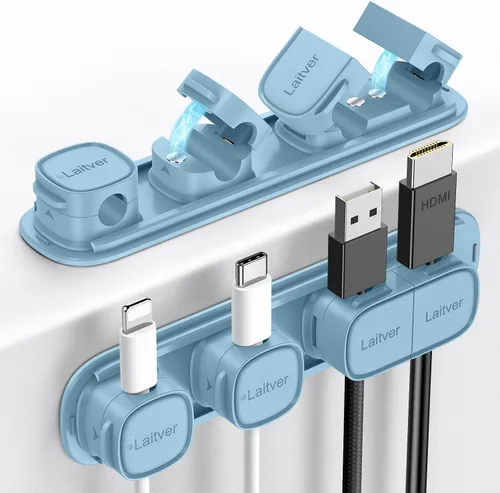 Vista 20 de Paquete de 6 clips magnéticos para cables [apertura/bloqueo en 1s], organizador y sujetador de cables Laitver con adhesivo fuerte para escritorio