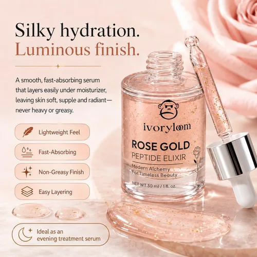 Vista 4 de ivoryloom - Suero facial de elixir peptídico de oro rosa, oro de 24 quilates, extracto de rosa, péptidos, ácido hialurónico, vitamina C