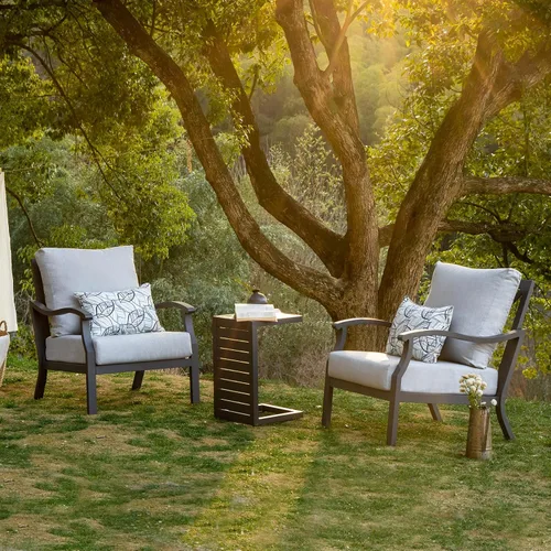 Vista 2 de Juego de muebles de patio al aire libre, juego de sofá para todo tipo de clima, 2 piezas, sofá individual con cojines gruesos, sillones de aluminio