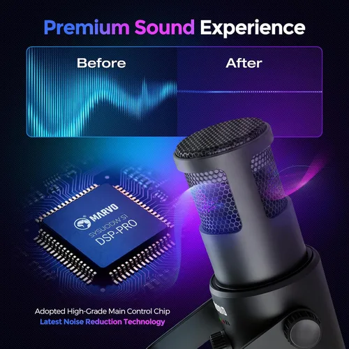 Vista 5 de MARVO Juego de micrófonos para juegos, micrófono condensador de PC para transmisión de podcasting con soporte de brazo Boom, botón de silencio