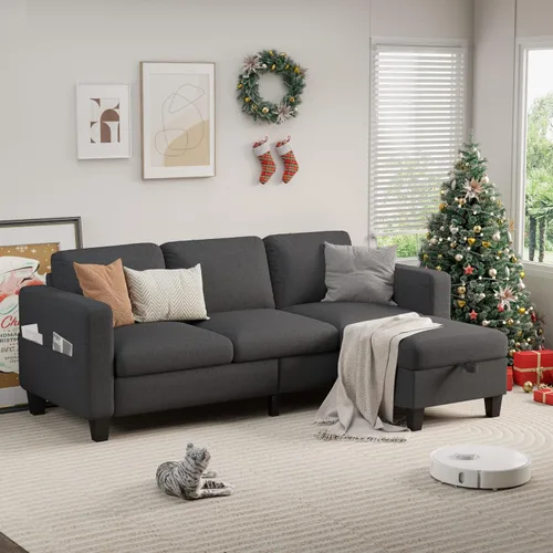 Vista 9 de Sofá seccional y sofás para sala de estar, sofá de 3 asientos gris oscuro de 3 asientos en forma de L con otomana de almacenamiento, sofás