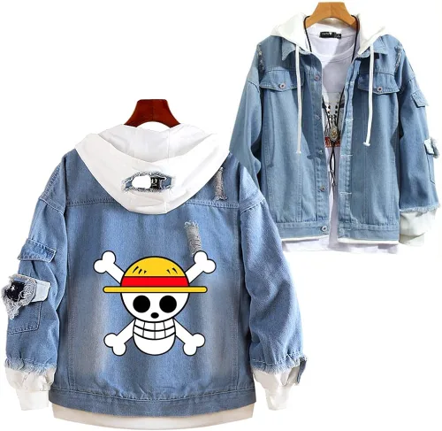 Vista 2 de Juejuezi Chaqueta de mezclilla unisex de una pieza de Luffy Anime Trafalgar Law Cosplay Casual Distressed Jean Chaqueta Abrigo para Halloween