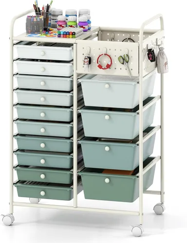 Vista 11 de Giantex Carrito de almacenamiento rodante con 10 cajones, carrito utilitario con tablero, organizador de cajones con ruedas para manualidades, arte