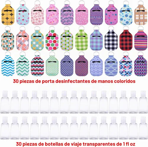 Vista 2 de Duufin Juego de 60 botellas vacías para desinfectante de manos, Colores Variados Including 30 Pcs Vibrant Hand Sanitizer Keychain Holder and 30