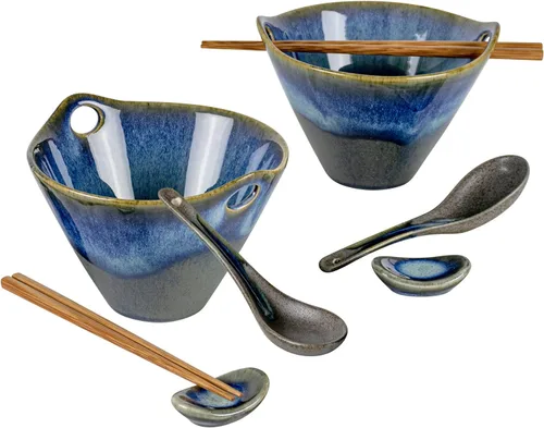 Vista 13 de UNICASA Juego de 2 cuencos japoneses para ramen con palillos, cucharas y reposos, 26 onzas, para fideos de porcelana profunda, Udon, Pho, ensalada