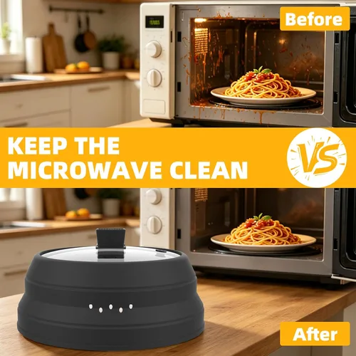 Vista 4 de Cubierta alta para salpicaduras de microondas, tapa protectora de vidrio de 5.8 pulgadas de altura con silicona plegable para plato de olla de Negro
