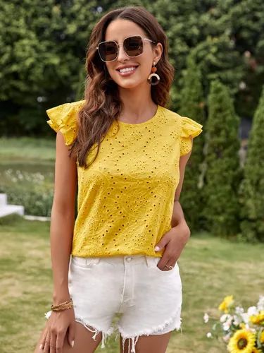Vista 4 de Romwe Blusa de algodón sin mangas con cuello de volantes bordados con botones para mujer