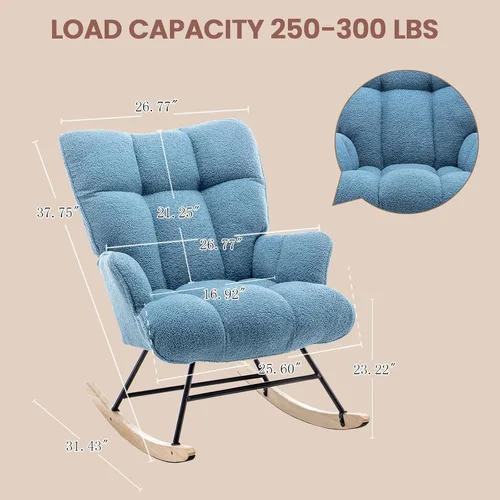 Vista 2 de Mecedora de cuarto de bebé con estilo oso de peluche, tapizada con respaldo alto, cómoda y elegante butaca acentuada con asiento acolchado para Azul