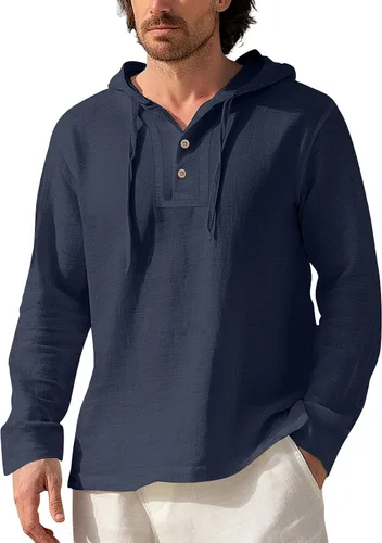 Vista 5 de Sudaderas con capucha de algodón y lino para hombre, manga larga, cuello en V, con botones, con capucha, protección solar, ligera, para la playa