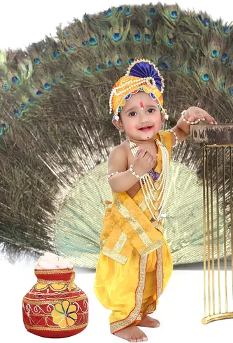Vista 3 de Raj Fancy Dresses Vestido Shri Krishna para bebés niño y niña vestido Janmashtmi con Dhoti Dupatta vestido Kanha para 3 meses a 8 años