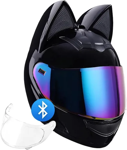 Vista 12 de Casco Bluetooth de motocicleta con orejas de gato, certificado DOT, casco de motocicleta de cara completa, lindos cascos de gato con visera HD