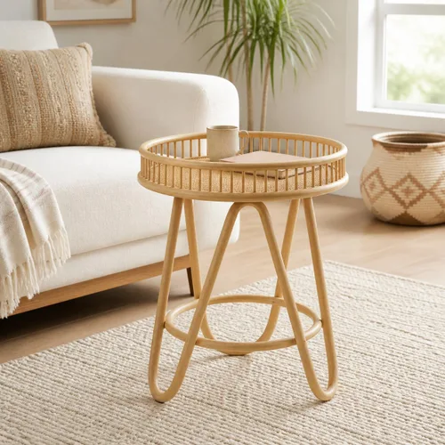Vista 10 de FINECASA Mesa de centro redonda de ratán bohemio, tejida a mano, estilo moderno, mesa de centro redonda de mimbre para sala de estar, 32 x 18 Marrón