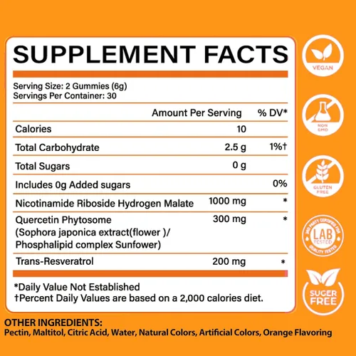 Vista 3 de Suplemento de gomitas NAD+, resveratrol y ribósido de nicotinamida, antienvejecimiento, energía y enfoque, sabor naranja, vegano, sin azúcar, 60