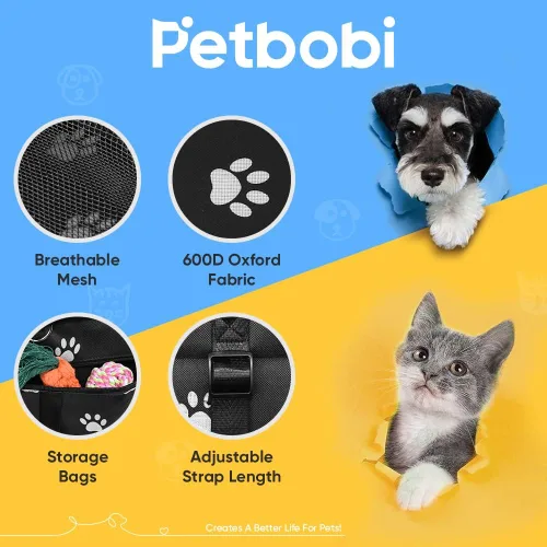 Vista 6 de Petbobi Silla elevada de automóvil para perro o gato, portátil, estable y transpirable con cinturón de seguridad para viaje, viene con bolsa para su