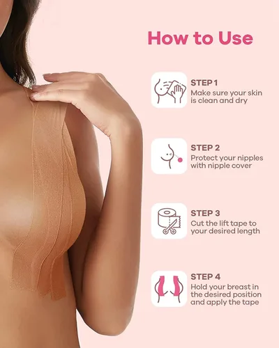 Vista 5 de FUZZY - Cinta adhesiva para levantamiento de senos, cinta de brasier, cinta corporal, cinta de pecho con 1 par de fundas de silicona suave