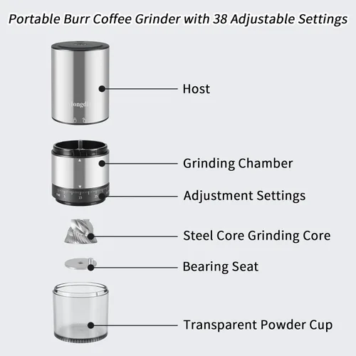 Vista 11 de Mongdio Molinillo de Granos de Café Eléctrico Portátil con 38 Configuraciones Ajustables, Molinillo de Café Eléctrico de Rebaba con Núcleo de Acero