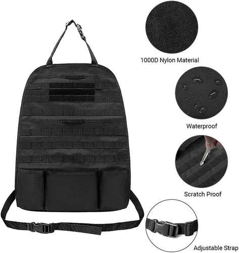 Vista 6 de Organizador de respaldo de asiento Molle 1000D mejorado con bolsas, panel táctico Molle para asiento de automóvil, protector de asiento de asiento