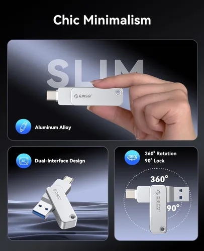 Vista 4 de ORICO - Unidad flash USB dual de 64 GB USB-C y USB-A, mini memoria de pulgar Stick hasta 150MB/s aleación de zinc para iPhone 15/16/17, compatible