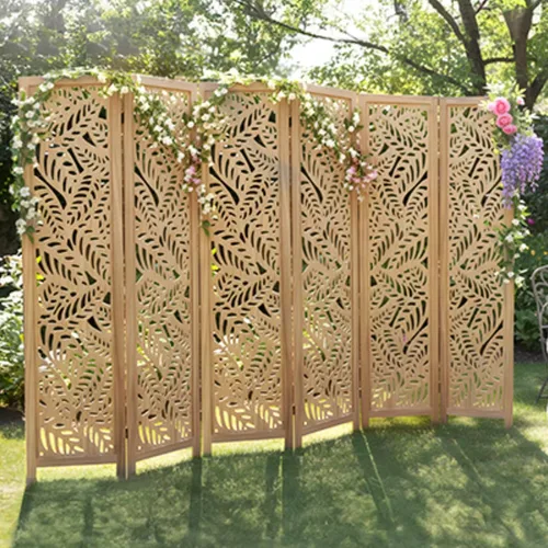 Vista 9 de JOSTYLE Divisor de habitación bohemio con tallado de plumas, pantalla de madera calada de 4 paneles, división plegable decorativa para dormitorio
