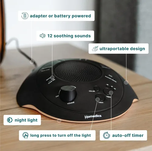 Vista 4 de Homedics Sleep Better - Máquina de sonido portátil, luz nocturna, 12 sonidos relajantes incluyendo ruido blanco, lluvia y tormenta eléctrica, diseño