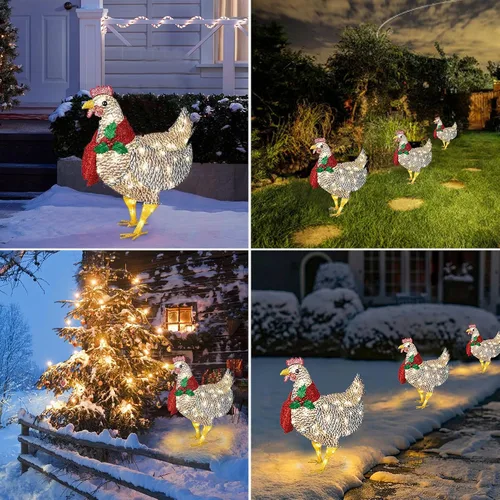 Vista 3 de Plplaaoo Decoración navideña de pollo iluminado con luces LED – Adorno de pollo iluminado con bufanda, funciona con pilas, decoración de pollo