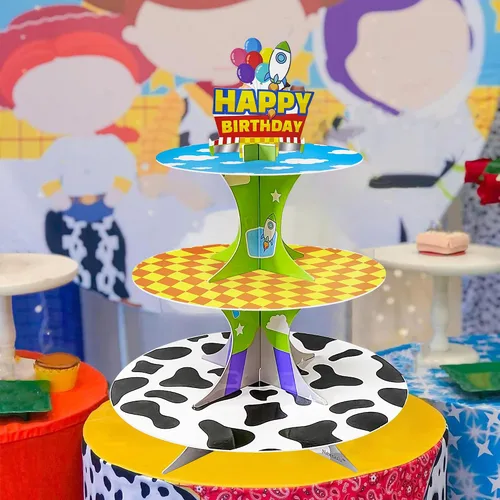 Vista 5 de Soporte para cupcakes de 3 niveles de historieta de dibujos animados, soporte de torre de postres para decoración de cumpleaños, suministros