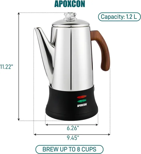 Vista 2 de APOXCON Cafetera eléctrica de acero inoxidable con dos perillas de vidrio resistentes al calor y mango de madera tratada con función de mantener