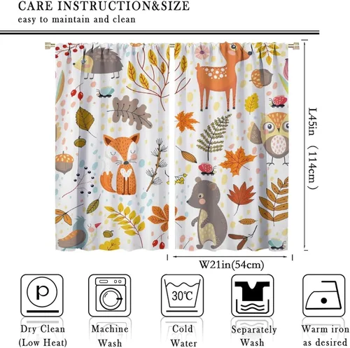 Vista 2 de YCness Cortinas para niños y niñas, diseño de animales de la selva, bosque de otoño, dibujos animados, ciervos, conejos, zorros, búhos, cortinas