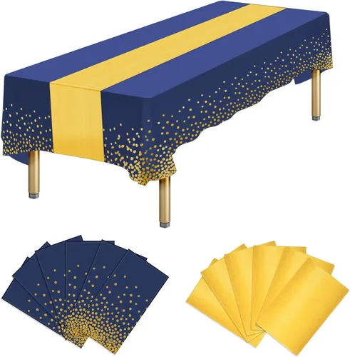 Vista 14 de Paquete de 12 manteles rectangulares de plástico negro desechables y satinados, mantel rectangular negro y dorado para cumpleaños, aniversario