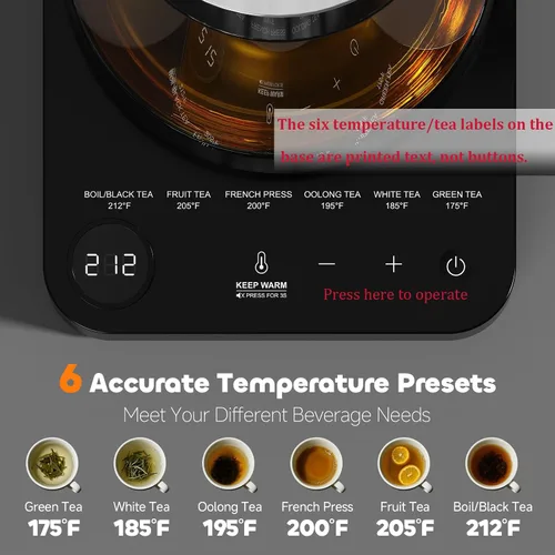 Vista 2 de Hervidor eléctrico de té con infusor Hervidor eléctrico de vidrio de 1.7 L con control de temperatura, 175 °F, temperatura mínima, apagado