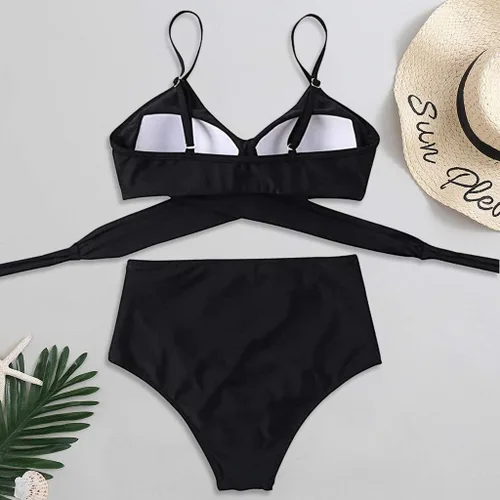 Vista 4 de Womens Swimsuits Two Piece High Waisted Tummy Control Bathing Suits Color Block Criss Cross Wrap Front Bikini Sets