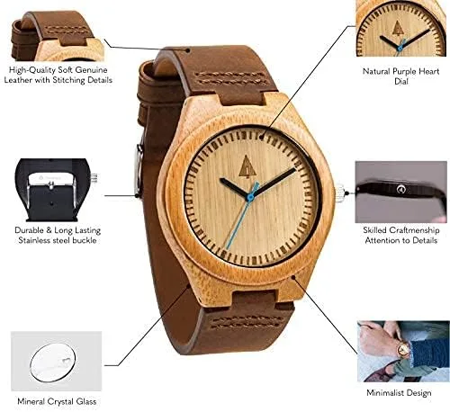 Vista 4 de treehut Reloj de bambú de madera para hombre con correa de cuero marrón genuino..., Marrón Natural 4, Reloj de cuarzo