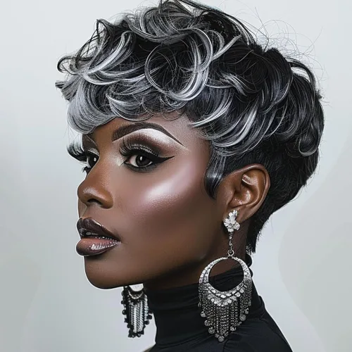 Vista 11 de DOcute Peluca gris para personas negras, corte pixie con flequillo, peluca rizada corta para mujeres negras, peluca rizada esponjosa para mujeres