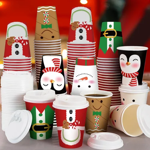 Vista 7 de Gerrii Juego de 100 vasos de papel de Navidad desechables de 12 onzas con tapas, tazas de chocolate caliente, tazas de café, tazas calientes