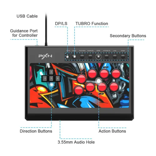 Vista 5 de PXN X8 Arcade Fight Stick Joystick - PC Fight Sticks, Keyboard Operation Joystick with 3.5mm audio interface for PS4,PS3, PC, Xbox One, Xbox Series